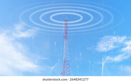 Telecommunication tower against blue sky with digital wireless network and futuristic technology interface for 5G, internet, and global data connection concept. communication network. 

