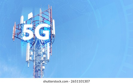 Telecommunication tower against blue sky with digital wireless network and futuristic technology interface for 5G, internet, and global data connection concept. communication network. 