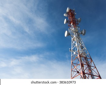 Telecommunication tower mast TV antennas wireless technology with blue sky
