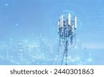 Telecommunication tower or Mobile phone tower with 5G cellular network . Global connection and internet network concept.on city background.