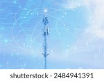 Telecommunication tower or Mobile phone tower with 5G cellular network . Global connection and internet network concept.on city background.