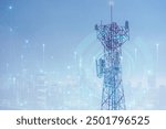 Telecommunication tower or Mobile phone tower with 5G cellular network . Global connection and internet network concept.on city background.