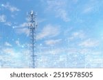 Telecommunication tower or Mobile phone tower with 5G cellular network . Global connection and internet network concept.on city background.