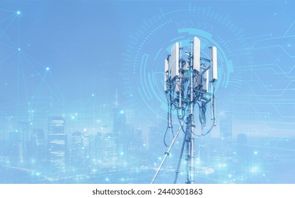 Telecommunication tower or Mobile phone tower with 5G cellular network . Global connection and internet network concept.on city background.