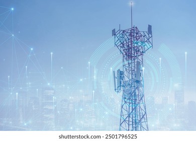 Telecommunication tower or Mobile phone tower with 5G cellular network . Global connection and internet network concept.on city background. - Powered by Shutterstock