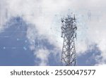 Telecommunication tower on blue background, mobile signal transmission, Connect to internet global network
