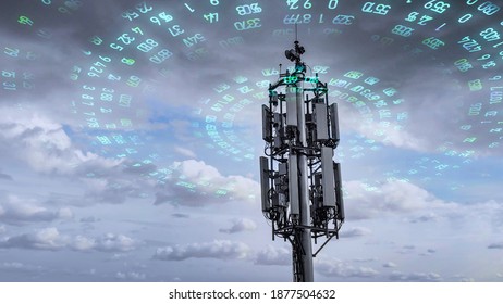 telecommunication tower transmitting digits signals of cellular mobile 5g 4g 3g. Simulated radio waves - Shutterstock ID 1877504632