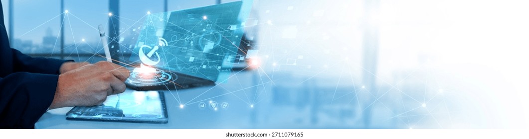 Telecommunications: Businessman analyzing and optimizing data for network performance, customer satisfaction, service quality, data transmission, infrastructure development