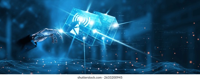 Telecommunications: Businessman mechanical robotic hand touching telecommunications network technology on interface. Connectivity, data transfer, signal processing, digital infrastructure concept.