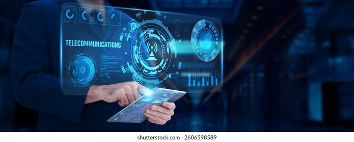 Telecommunications: Connectivity, businessman analyzing and monitoring technological infrastructure, data transmission, network stability, signal processing, communication systems.