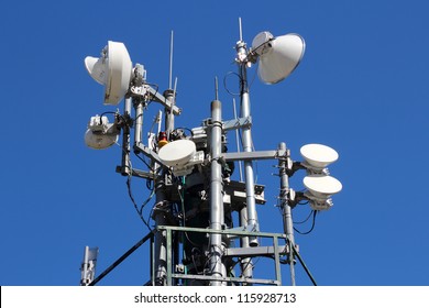 Telecommunications equipment - directional mobile phone antenna dishes. Wireless communication.