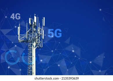 Telecommunications tower with 4G, 5G transmitters, cellular base station with transmitter antennas on abstract Triangulated Background with icons. Communication Mobile Technology concept. Copy Space
