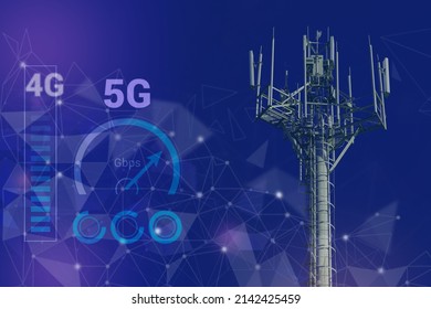 Telecommunications tower with 4G, 5G transmitters, cellular base station with transmitter antennas on abstract cyberspace background. 5G network wireless systems, Communication Mobile Technology