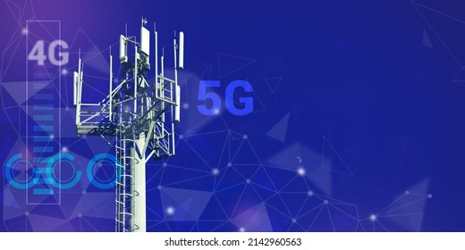 A telecommunications tower with 4G, 5G transmitters, a cellular base station with transmitter antennas on an abstract cyberspace background with icons. 5G network wireless systems. Copy space