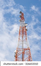 Telecommunications tower with clear blue sky