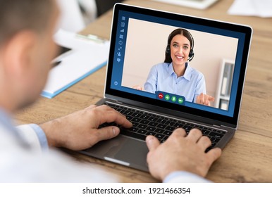 Teleconference Concept. Unrecognizable Businessman Talking With Female Manager Via Video Call On Laptop Computer, Discussing Working Plan, Having Online Business Meeting In Office, Creative Collage