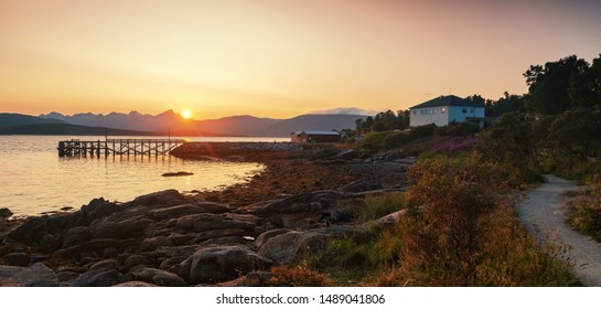 Telegrafbukta In Tromso Norway, Midnight Sun And Sunset Colors On The Beach 