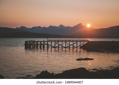 Telegrafbukta In Tromso Norway, Midnight Sun And Sunset Colors On The Beach 