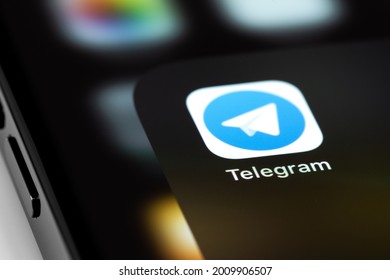 Telegram Mobile Icon App On Screen Smartphone IPhone Macro. Telegram - Cross-platform Messenger. Moscow, Russia - June 15, 2021