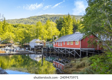 The Telegraph Cove marina and accommodations built on pilings surrounding this historic location, Telegraph Cove, Vancouver Island, British Columbia, Canada.