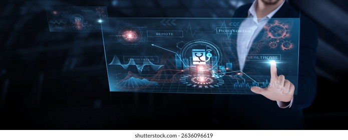 Telehealth: Remote consultation, patient monitoring, digital prescriptions, telemedicine platforms, health data analysis. Businessman analyzing telehealth progress chart on digital interface.