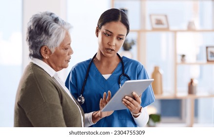 Telehealth, senior woman or doctor with digital tablet, consultation or planning treatment for cure. Female person, employee or medical professional with a patient, women or technology for healthcare - Shutterstock ID 2304755309