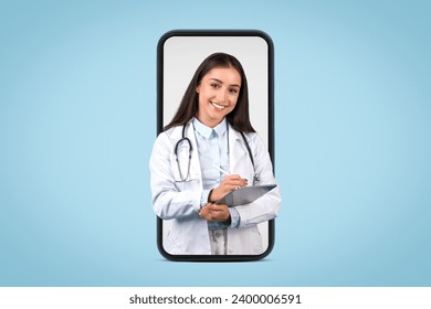 Telehealth services represented by a confident young female doctor on digital device, highlighting online medical consulting, blue background