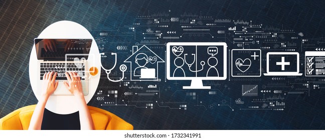 Telehealth theme with person using a laptop on a white table - Shutterstock ID 1732341991