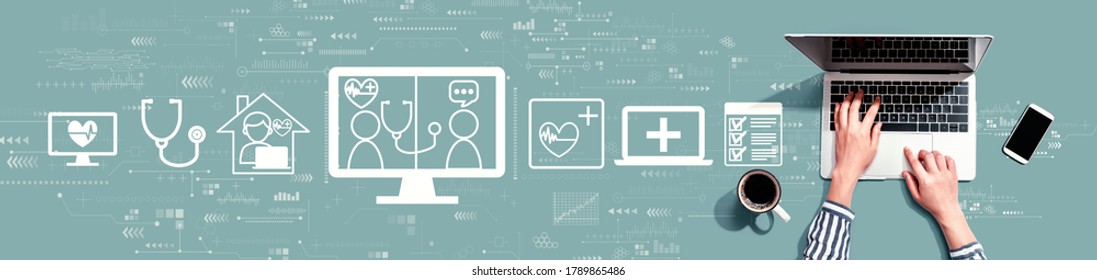 Telehealth theme with person using a laptop computer