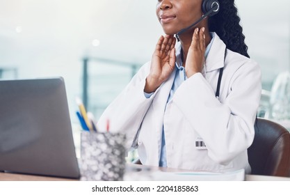 Telehealth, Video Call And Thyroid Doctor On Virtual Consultation Online For Thyroid Exam, Medical Advice Or Assessment. Innovation Healthcare, Black Woman With Laptop For Digital Consulting Service