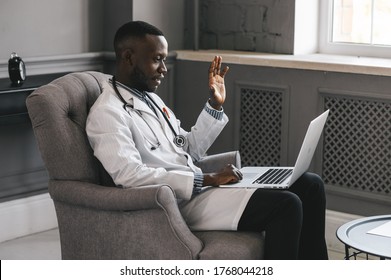 Telehealth With Virtual Doctor Appointment And Online Therapy Session. Black Doctor Online Conference 