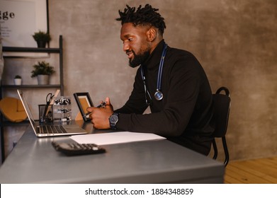 Telehealth With Virtual Doctor Appointment And Online Therapy Session. Black Doctor Online Conference 