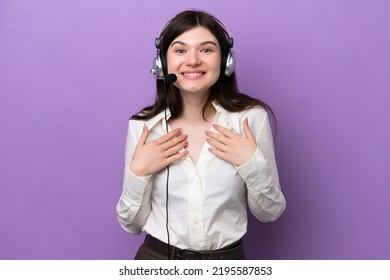 Telemarketer Russian Woman Working With A Headset Isolated On Purple Background With Surprise Facial Expression