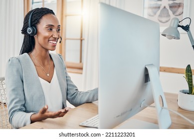 Telemarketing, Computer Video Call And Black Woman Consulting, Give Sales Pitch Or Doing Work From Home. Happy, Headset And Remote Call Center Consultant In Communication For Online Help Desk Support