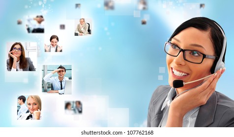 Telemarketing Headset Woman From Call Center Smiling Happy Talking In Hands Free Headset Device. Business Woman In Suit On Blue Background And Portraits Of People