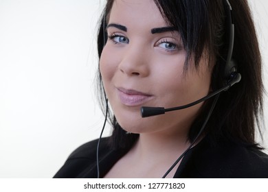 Telemarketing headset woman  smiling happy talking in hands free headset device.