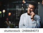 Telemarketing, man and consultant with microphone for customer support with communication and FAQ service. Call center, agent and telecom advisory with headphones, mockup space and bokeh at night