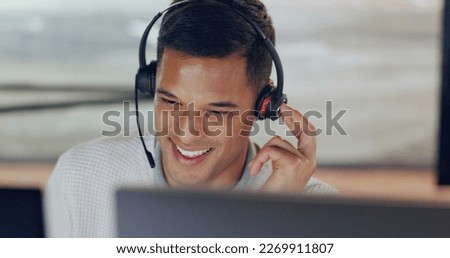 Telemarketing, overtime and crm, man in customer service talking with headset. Late night work, call center agent or sales consultant with smile with advisory support, help and consulting in office.