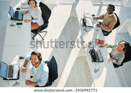 Telemarketing team, happy portrait and group in call center for customer service, IT support or FAQ in coworking agency from above. Diversity, sales people or smile for online consulting at help desk