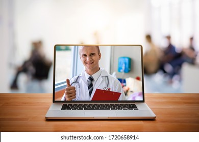 Telemedical Of Happiness Doctor Video Conference Call Online Talking For Follow Up Remotely With Medical Coronavirus Result At Home. Online Healthcare Digital Technology Service And Support.