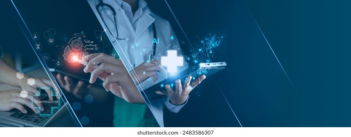 Telemedicine AI technology, doctor use AI telemedicine for diagnosis, care, health and treatment patient in future, Medical research and development innovation technology to improve healthcare - Powered by Shutterstock