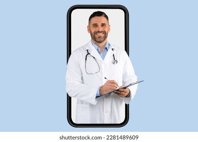 Telemedicine, appointment with doc online. Friendly middle aged doctor with clipboard and stethoscope at huge smartphone screen, isolated on blue background, collage - Powered by Shutterstock