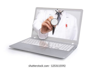 Telemedicine Concept. Doctor With A Stethoscope On The Computer Laptop Screen.