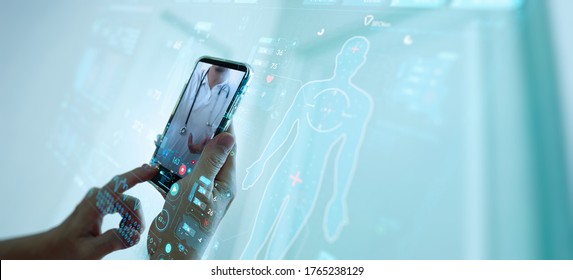 Telemedicine concept,Hand holding smartphone Medical Doctor online communicating the patient on VR medical interface with Internet consultation technology. - Shutterstock ID 1765238129