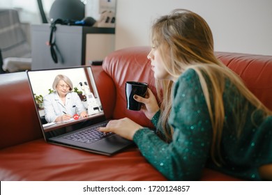 Telemedicine doctor video conference call online talking for follow up remotely with medical coronavirus result at home. Online healthcare digital technology service, counselor and interview app.