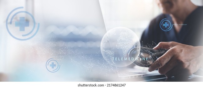 Telemedicine, Global Health, Medical Hub, Virtual Hospital, Medical Technology Concept. Doctor Working On Laptop Computer, Global Internet Network Connection, Health Icon, Telemedicine Service System