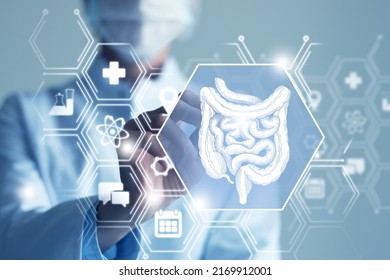 Telemedicine and human Intestine recovery concept. Neutral color palette, copy space for text. - Shutterstock ID 2169912001