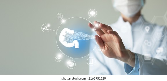 Telemedicine and human Pancreas recovery concept. Neutral color palette, copy space for text. - Shutterstock ID 2168951529