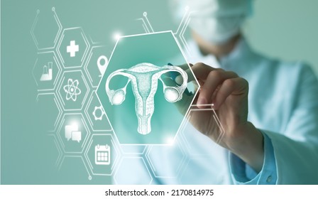 Telemedicine and human Uterus recovery concept. Turquoise color palette, copy space for text.