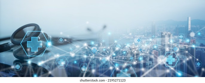 Telemedicine, internet medical network connection, online medical, global health concept. Stethoscope and laptop computer on the city background with internet health network connection technology - Powered by Shutterstock